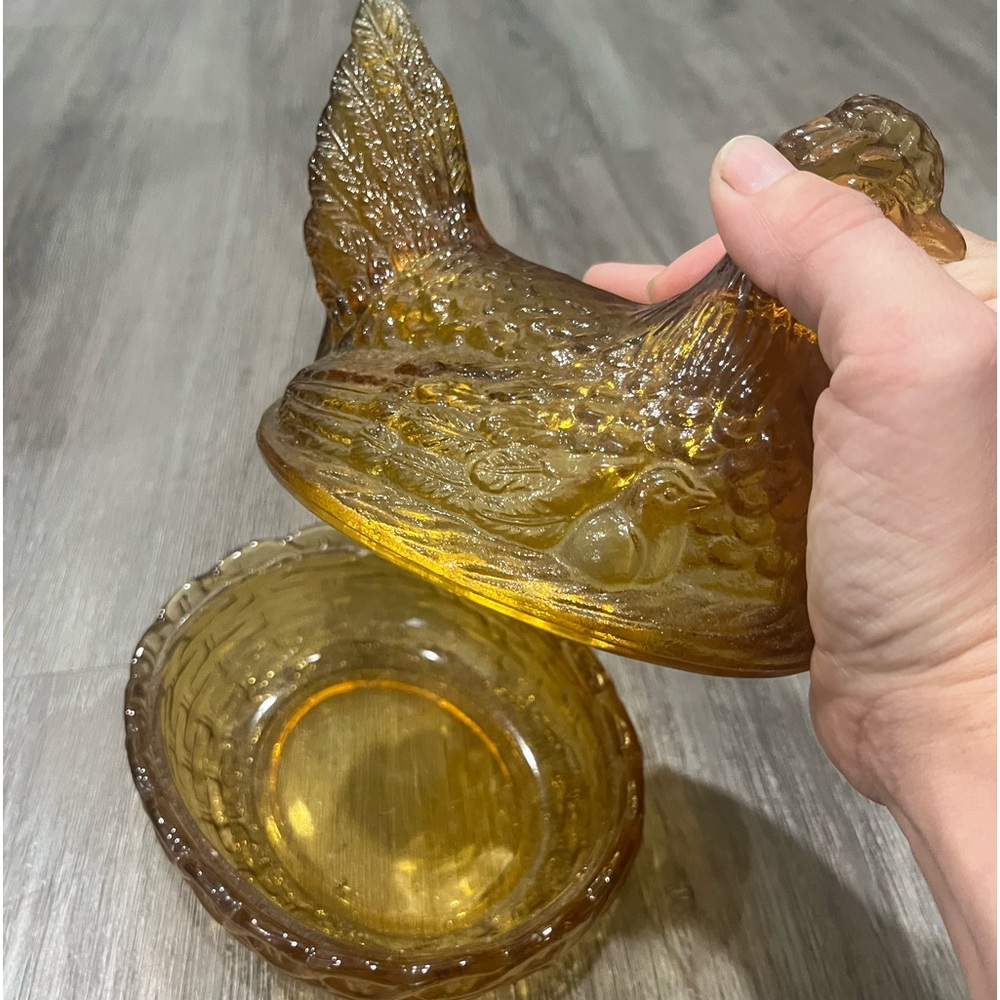 Vintage Amber Glass Nesting Hen Chicken Dish L E Smith - Picture 5 of 9